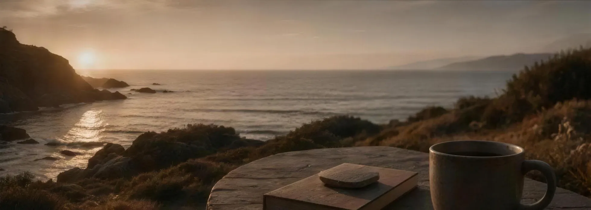 A Tasmanian coastline at sunset, with a book and a cup resting on a stone table