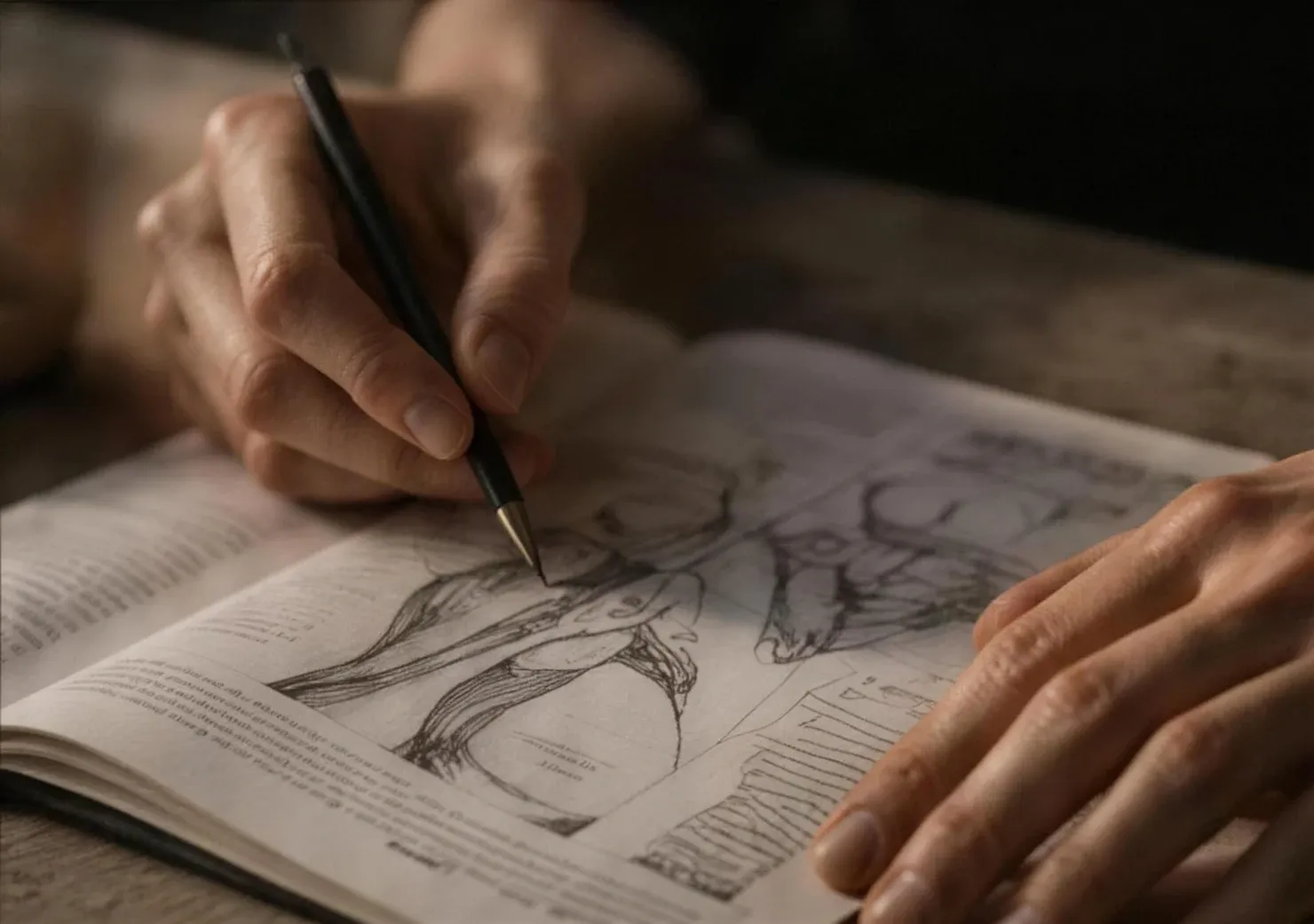 A hand drawing anatomical studies in a ruled notebook under warm light