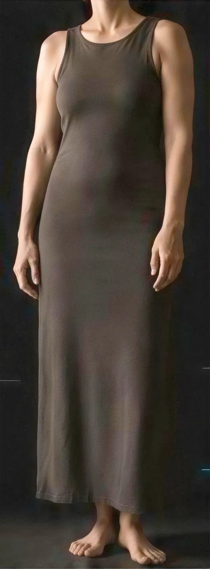 A standing full-body silhouette in a long dress, shown against a dark field