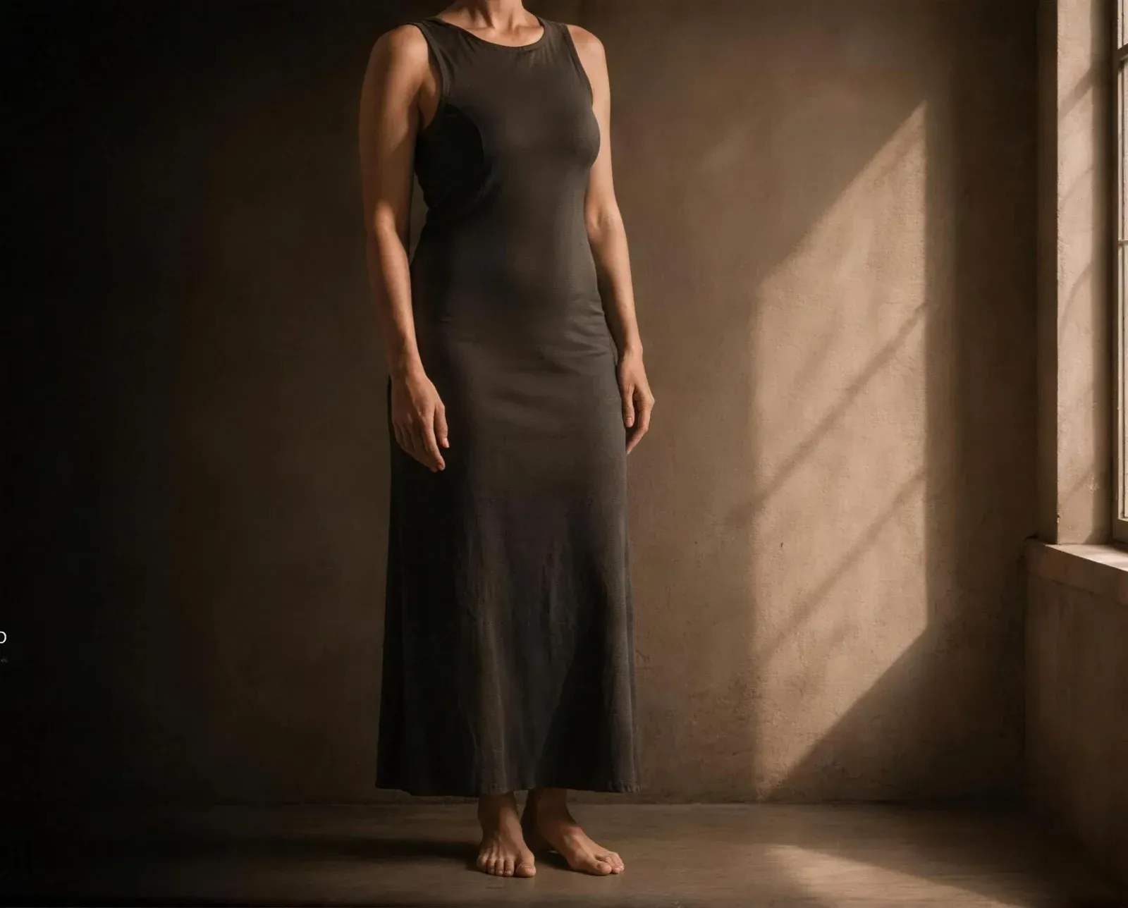 A woman standing in a quiet room in a long dress, lit by warm architectural light