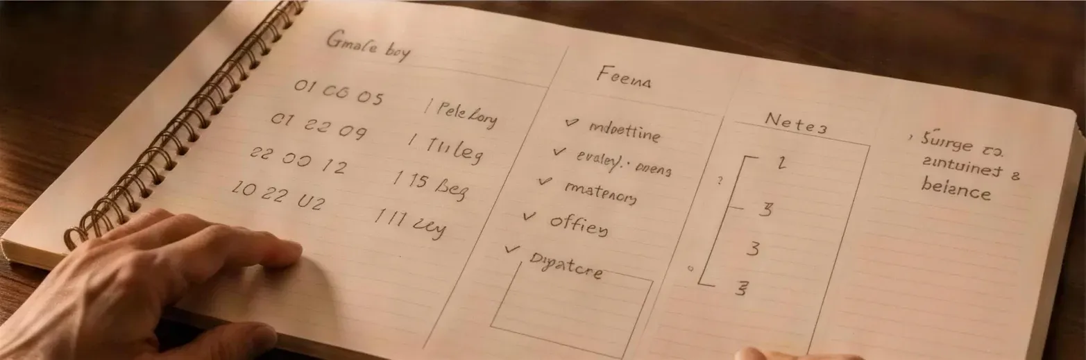 Hands writing planning notes and measurements in a ruled notebook
