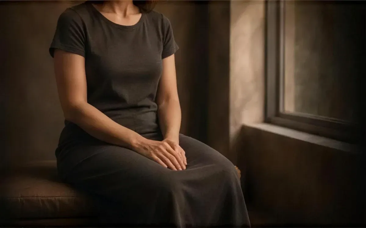 A woman seated quietly beside a window in soft natural light
