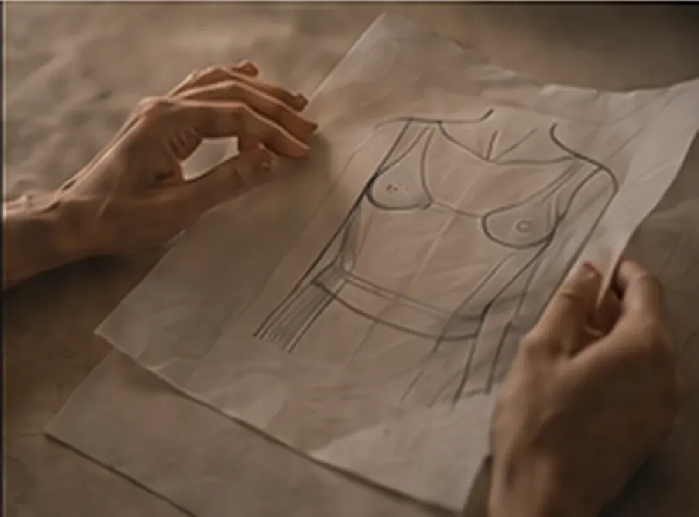 Hands working over a surgical plan drawing