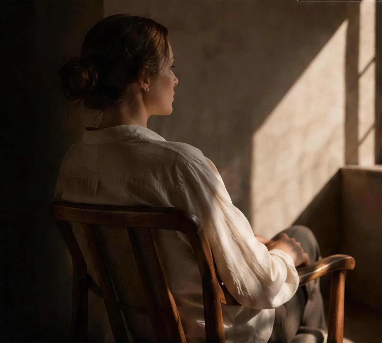 A woman seated by a window in warm architectural light, turned away in thought