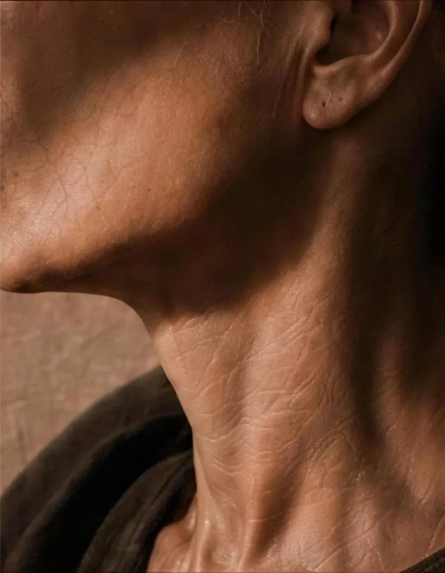 Close study of the jawline and neck in warm light