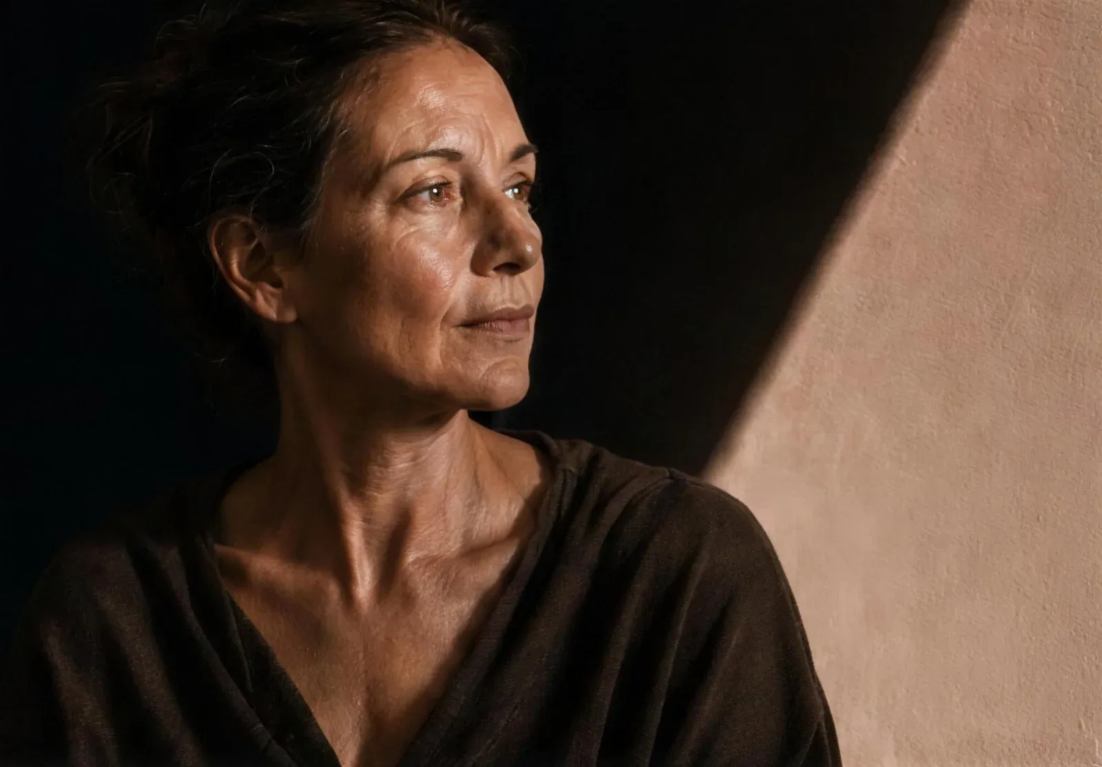 A woman in warm directional light, turned towards the window