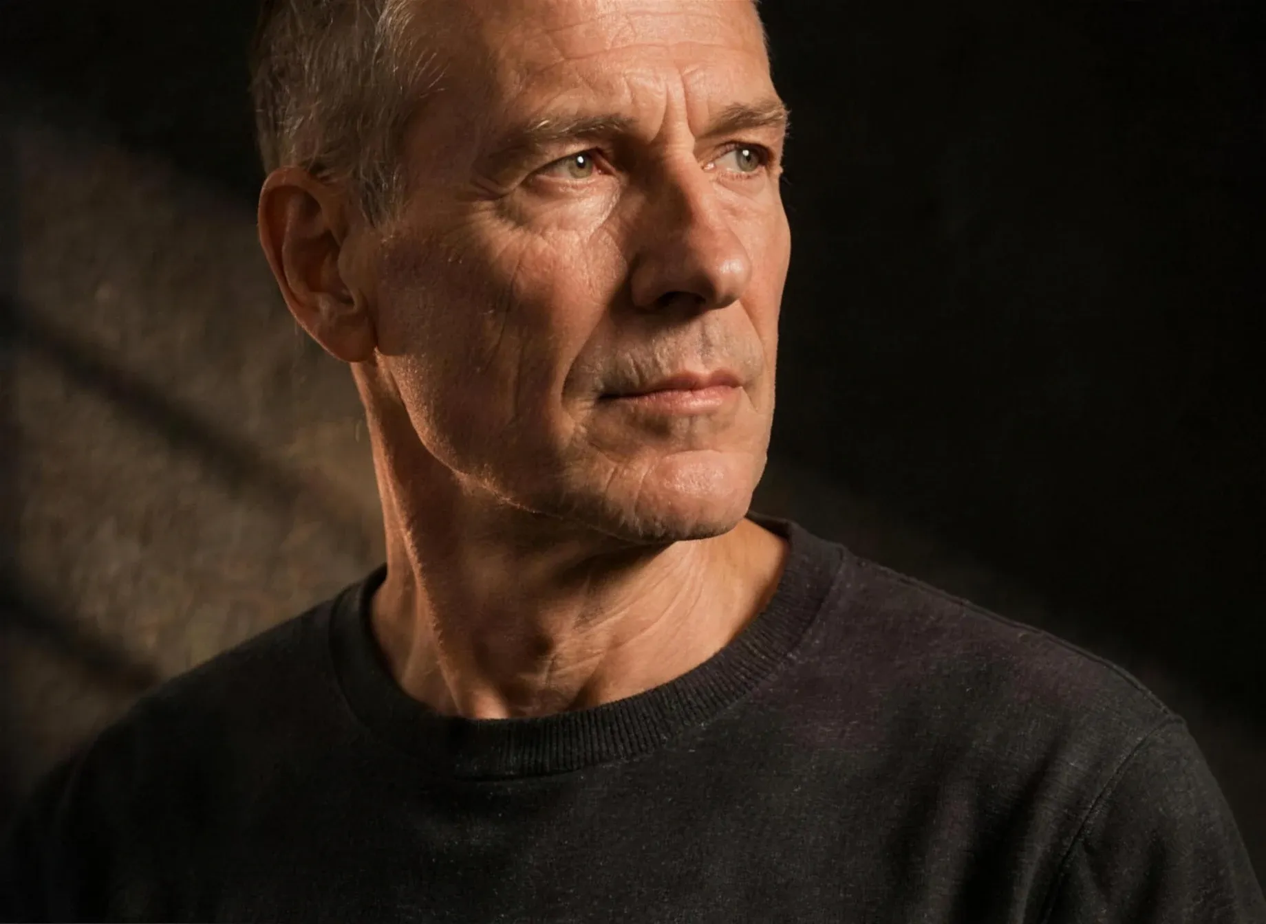 A man in a dark shirt turned towards warm architectural light, in quiet three-quarter profile