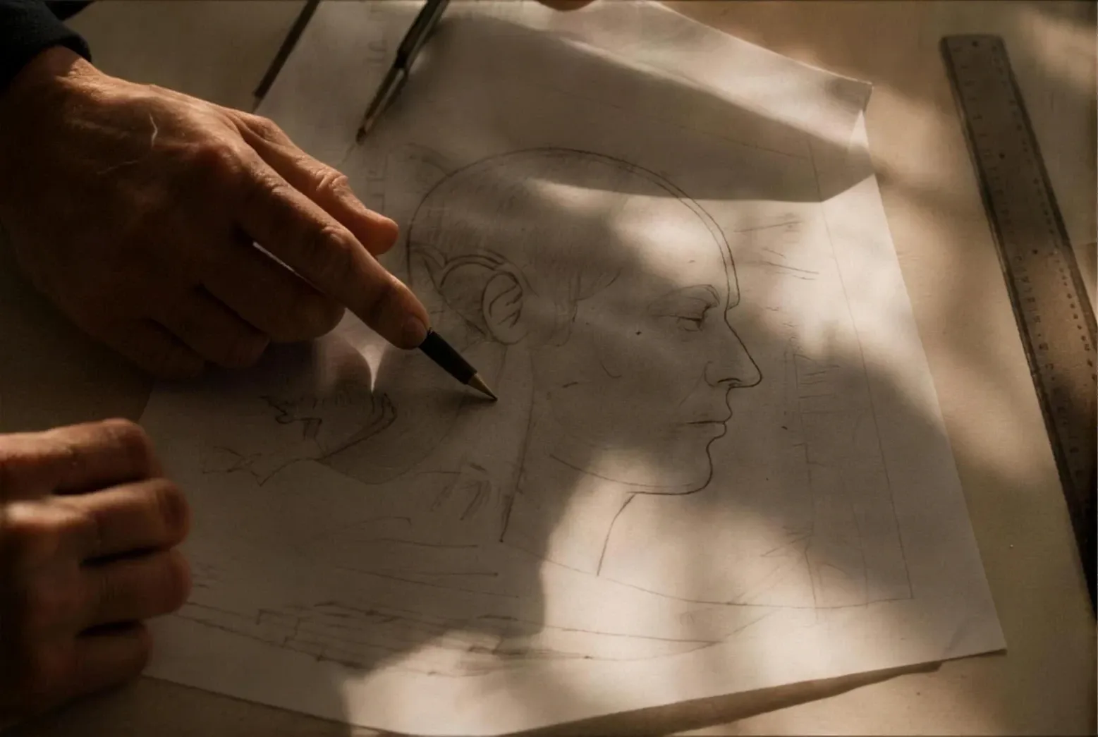 A hand drawing a facial profile study on paper beside a ruler, in warm directional light