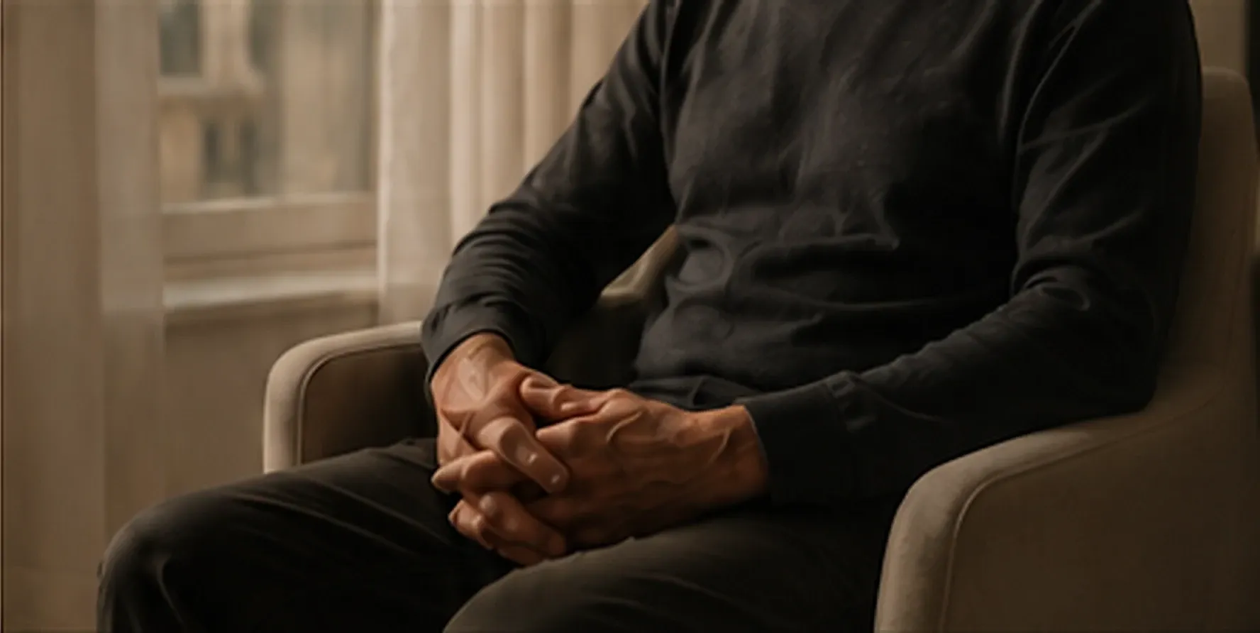 A man seated in an armchair beside a window, hands resting together