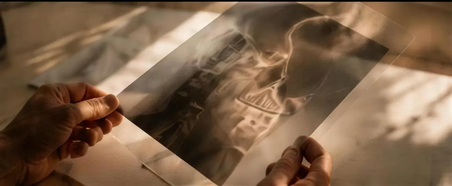 Hands holding a radiograph of the facial skeleton up to the light