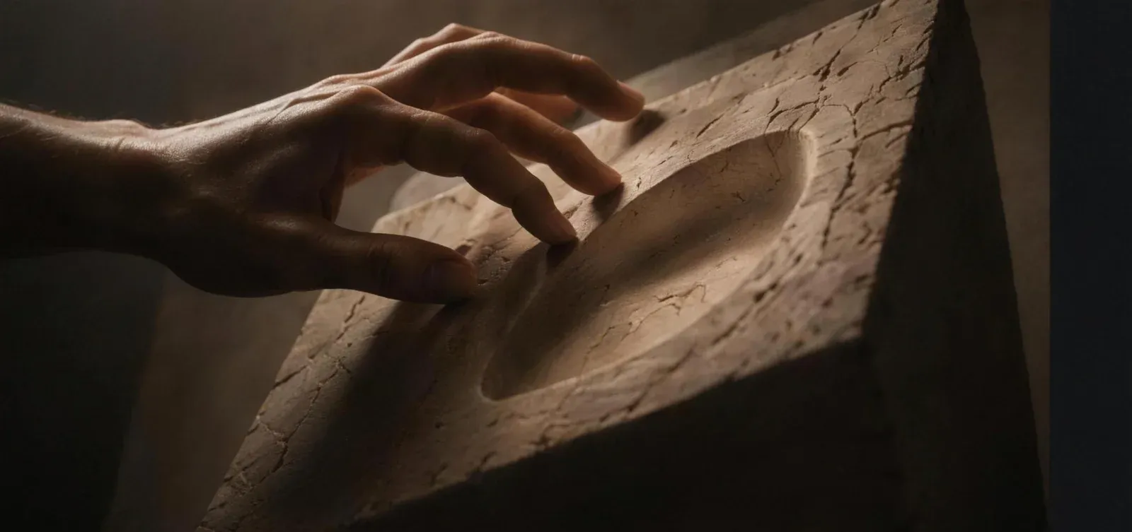 A hand resting on a carved stone form in warm directional light