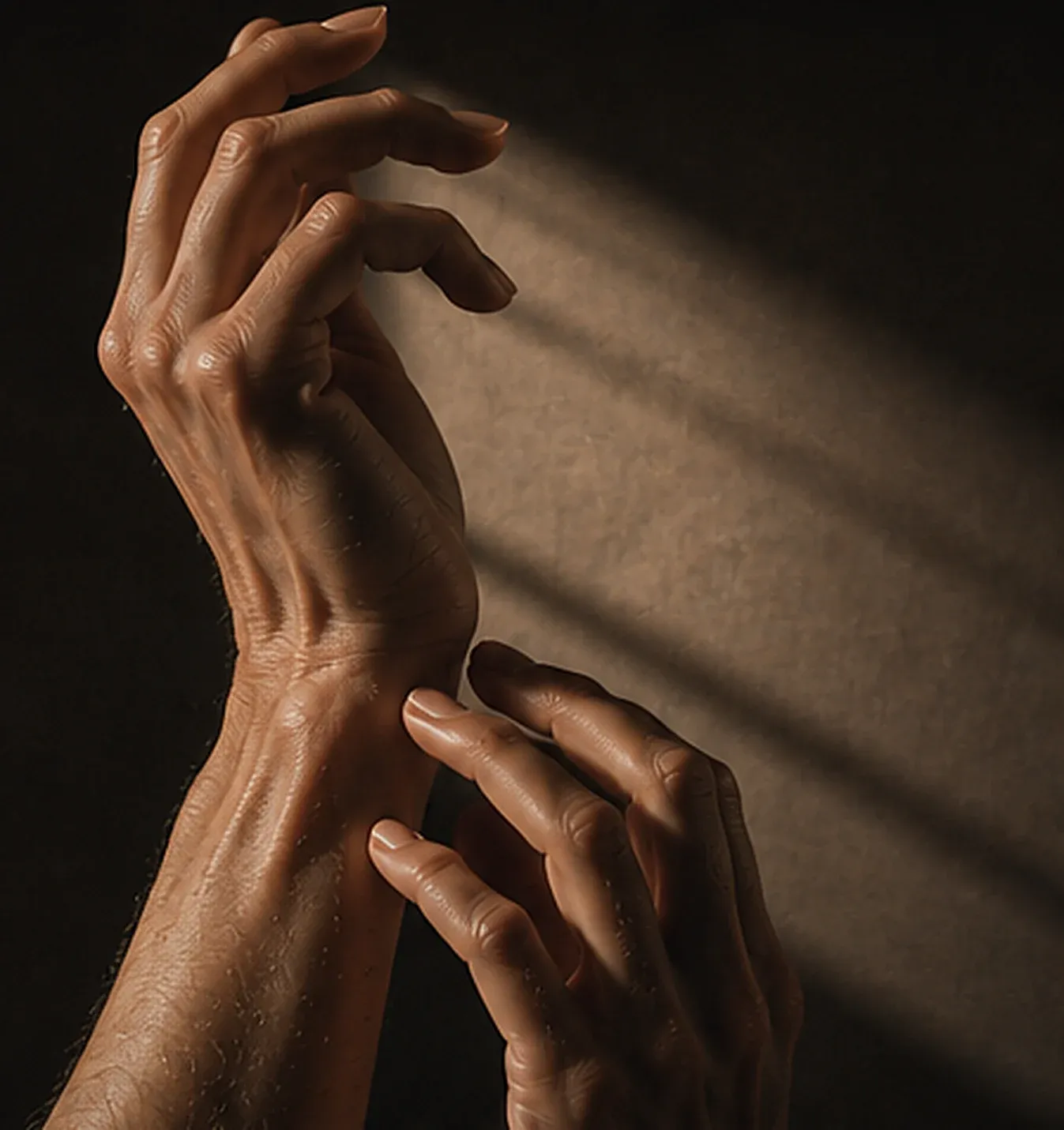 Two hands raised in warm directional light, tendons and skin texture in sharp relief