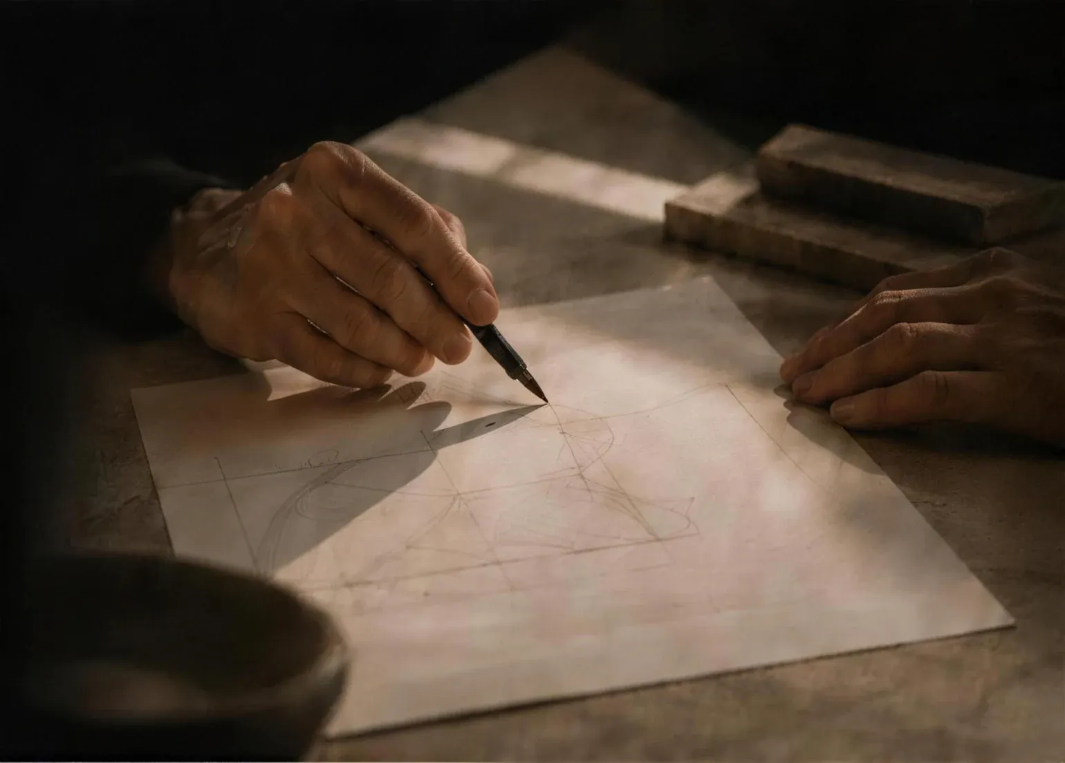 Hands drawing planning studies on a sheet of paper in warm directional light