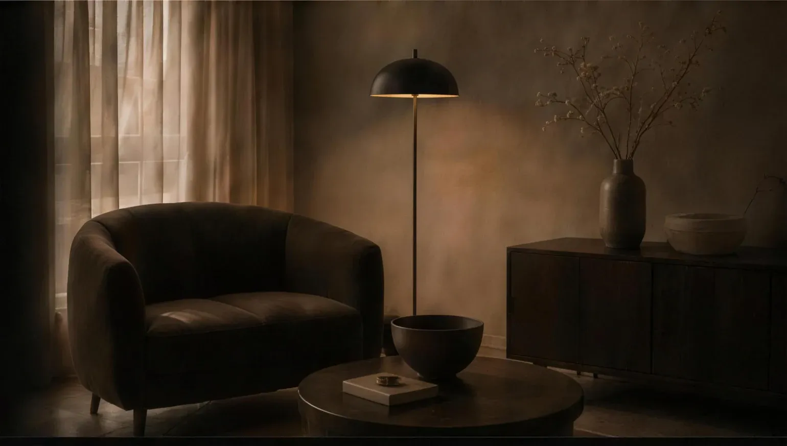 A quiet consultation room with an armchair and a lamp in warm evening light