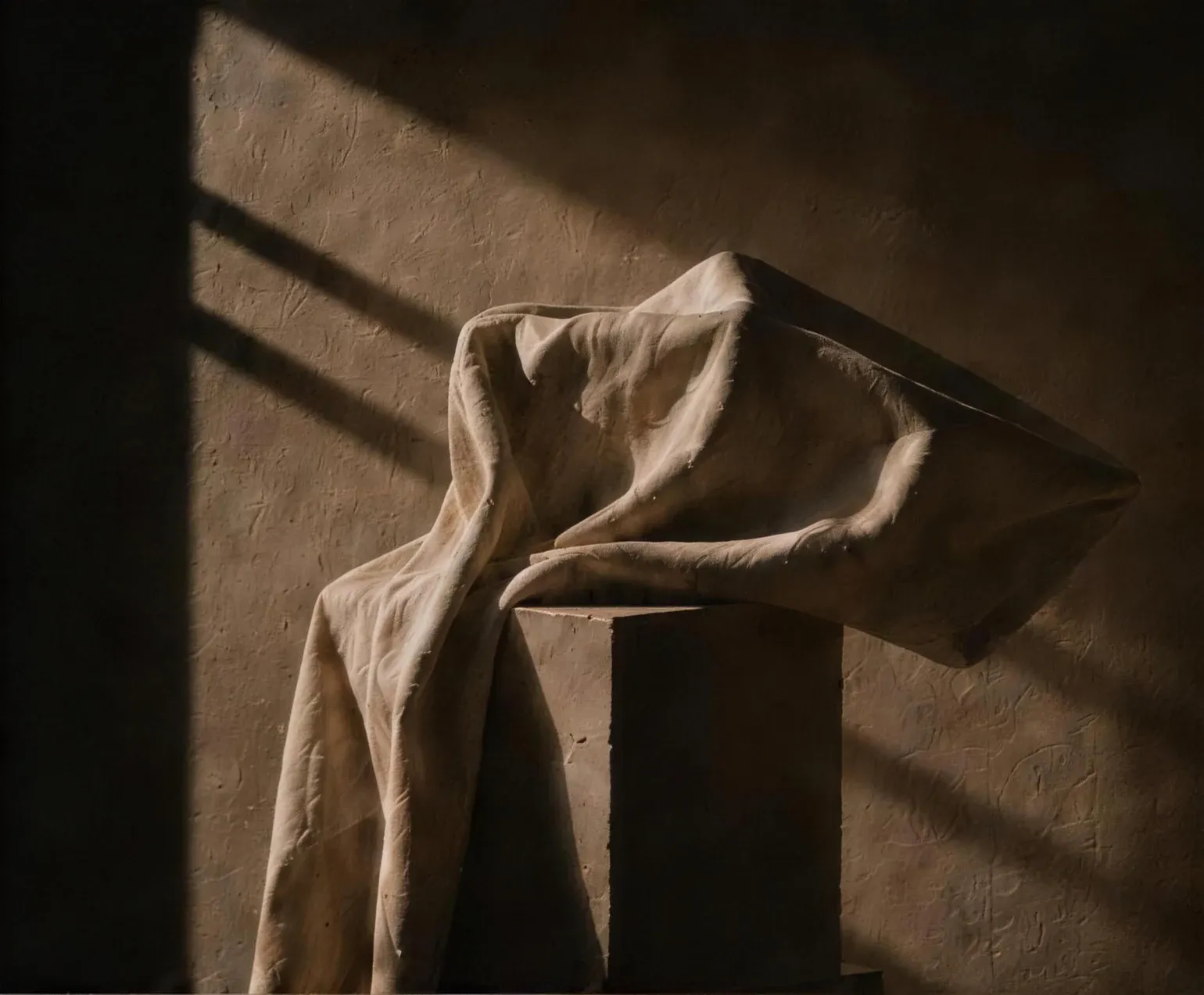 Draped linen over a stone plinth, lit by warm architectural shadow