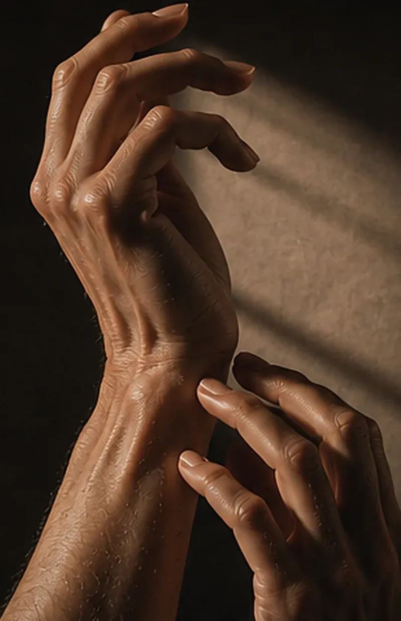 Two hands and a wrist held in a shaft of warm directional light