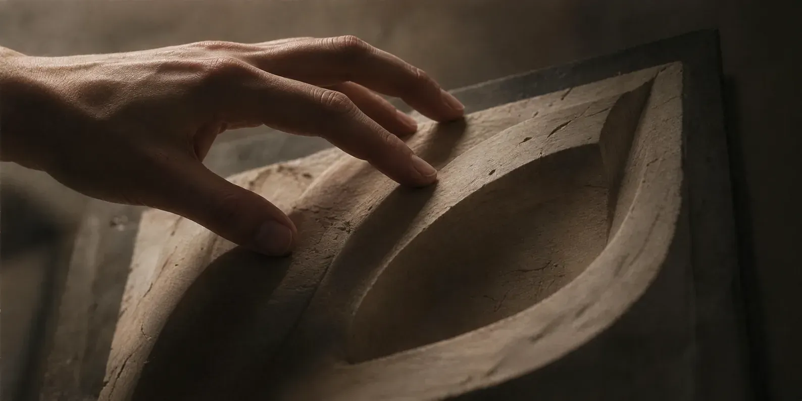 A hand resting on a carved stone form in warm directional light, tracing its restored surface