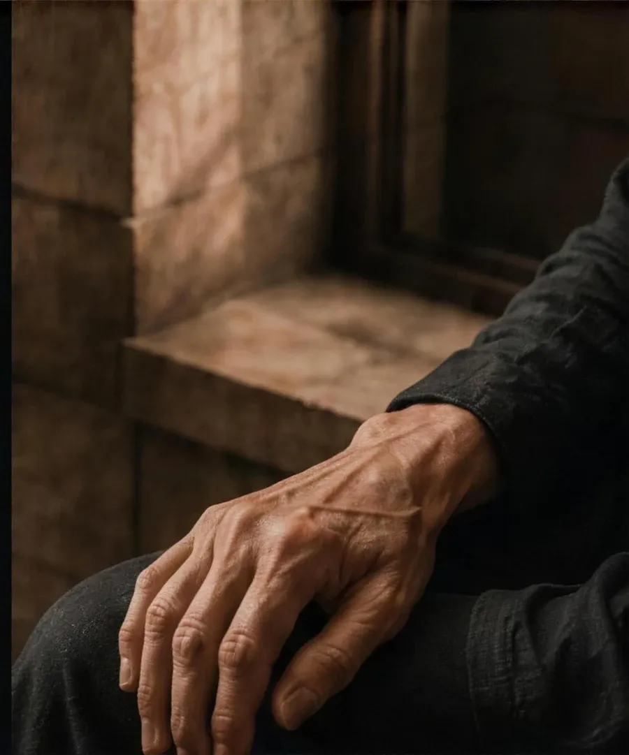 A patient's hand resting on a covered forearm beside warm architectural light