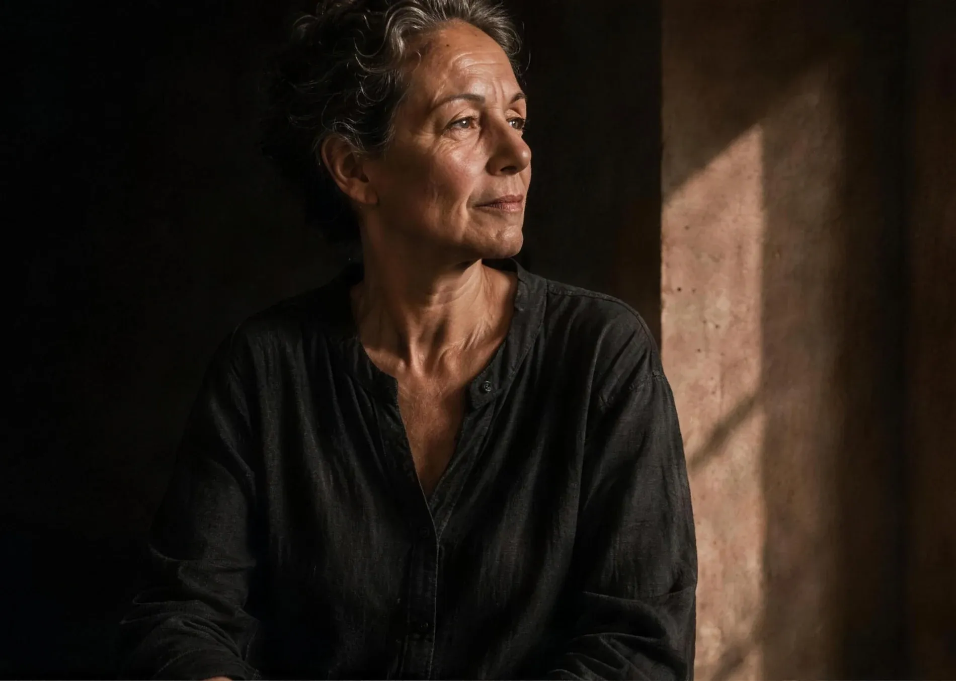A woman seated in a quiet room, turned towards warm late-afternoon light from a window