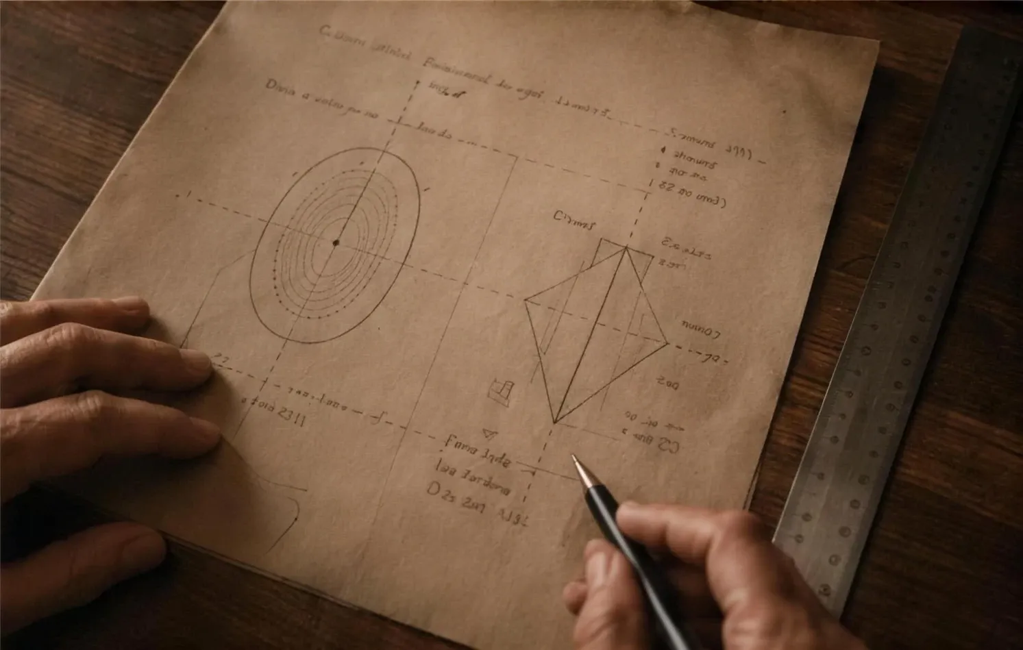 Hands reviewing surgical planning notes on warm paper, with a ruler and measured margin sketches