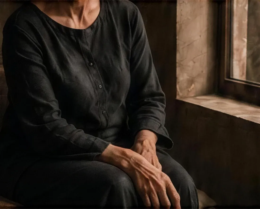 A woman seated quietly beside a window in soft natural light